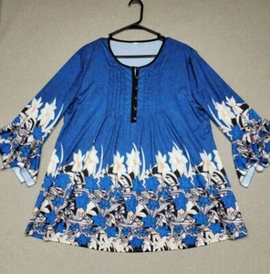 Markenlos Damen XXL blau geblümt 3/4 Länge Glockenärmel Stretch Tunika  - Bild 1 von 4
