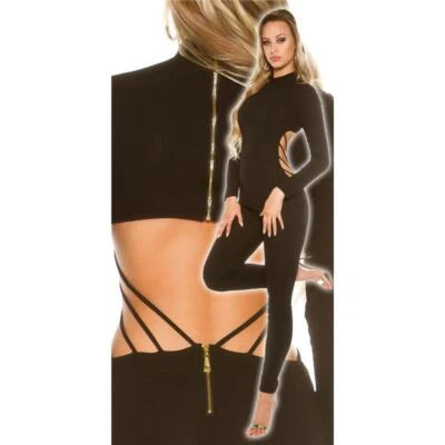 Damen Langarm Overall Catsuit mit Cut Out Rücken Schwarz #OV409 - Bild 1 von 4