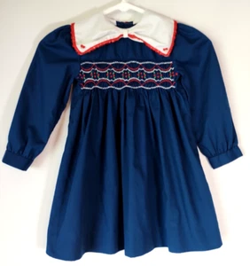 Vtg Polly Flinders Long Sleeve Collared Smocked Dark Blue Dress w Cherries~Sz 5 - Picture 1 of 22