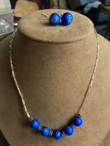 NOS Dark Blue Textured Glass Bead Necklace 16" & Pierced Dangle Earring Set - Picture 1 of 4