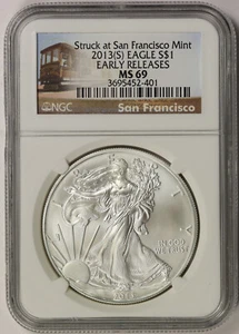 2013-(S) Silver Eagle $1 MS 69 NGC Struck San Francisco Early Releases Trolley - Picture 1 of 4