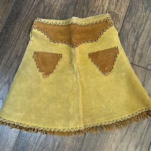 Vintage Girls 20 Inch Waist CUSTOM Leather Cowgirl Skirt Fringe Studs Boho 2T - Picture 1 of 9