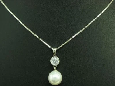 925 Argento Sterling Catena & Ciondolo con Zirconi & Doppia Perla Carico / - Immagine 1 di 3