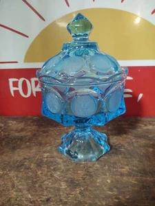 Vintage Fostoria Coin Ice Blue Glass Crystal Pedestal Compote Candy Dish w/Lid - Picture 1 of 6