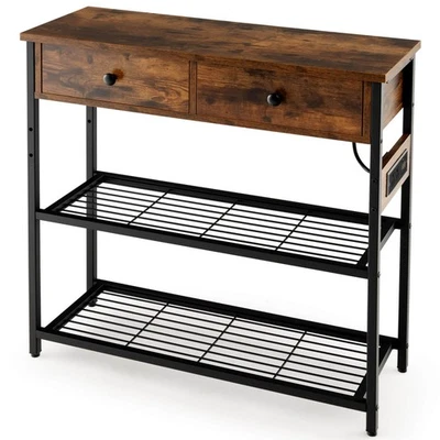 Entryway Table with Charging Station Narrow Console Table w/ 2 Drawers Brown - Image 1 of 4