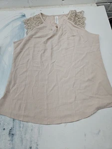 H M Damen Pullover Bluse Größe L Beige Spitze Schnitt Arbeit an den Schultern Ärmellos 21 - Bild 1 von 3