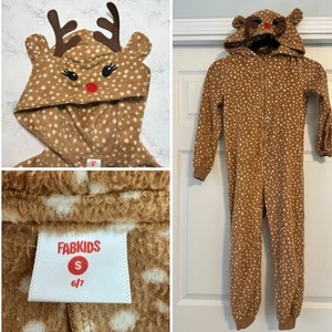 Fab Kids Reindeer Pajama One Piece Jumpsuit S 6/7 Brown White - Picture 1 of 9