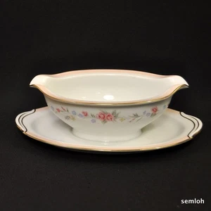 RC Royal Crockery Gravy Boat Attached Underplate Rose Pink Garland w/Gold Japan - Picture 1 of 11