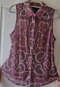 International Concepts I-N-C Y2K Sheer Pink Paisley Blouse Collared Top Large - Picture 1 of 22