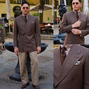 Winter Wool Blend Warm Coat for Men Peak Lapel Double Breasted Jacket Tailored - Picture 1 of 15