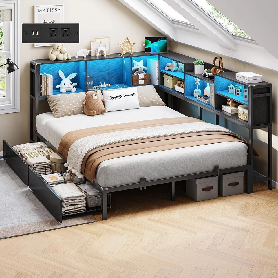 Marco de cama de esquina completo con estación de carga, luces LED, almacenamiento de estantería, cajones Foto 1 de 4