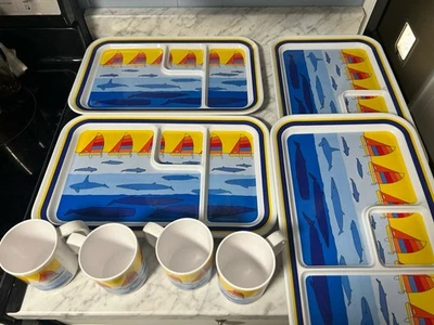 ONEIDA Melamine Divided Lunch Trays & Mugs Vintage 1987 Set of 8 Sailboat Whale - Image 1 of 4