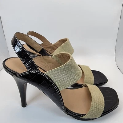 Donald J Pliner Nika Heels Women’s 8.5M Croc-Embossed Leather & Canvas Straps - Image 1 of 4