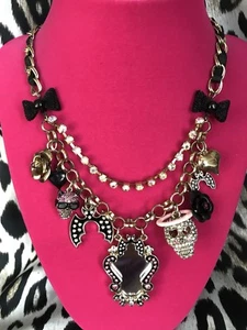 Betsey Johnson A&D Angel Devil Skull Skeleton Bat Mirror Black Rose Necklace - Picture 1 of 7