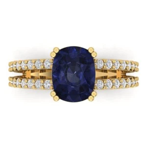 3.48ct Cushion Simulated Blue Sapphire Solitaire Engagement Ring 14K Yellow Gold - Picture 1 of 11