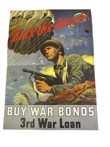 ORIGINAL 1943 28 x 20 WWII Back the Attack Buy War Bonds Poster 3rd War Loan - Picture 1 of 7