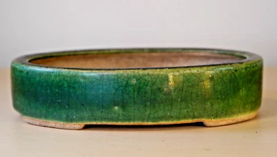 Japanese Bonsai Pot HARUMATSU 6.1"(15.6cm) Green Glazed Oval Y722 - Image 1 of 4