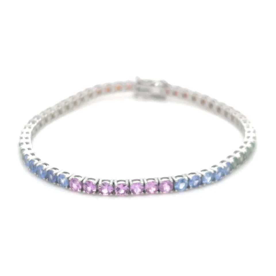 Pulsera Tenis Arco Iris Zafiros Oro Blanco 14K 8 Pulgadas Largo Foto 1 de 4