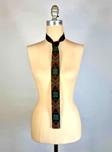 Vintage 1950's-60's brown INTRICATE pattern cotton skinny square necktie ROOSTER - Picture 1 of 9
