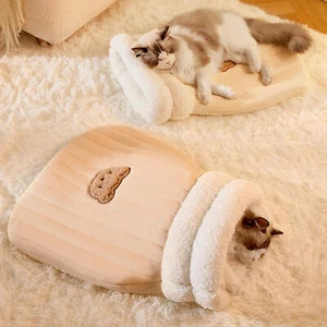 Pet Cuddle Zone Washable Cozy Cat Beds Cat Sleeping Bag with Cute Bear - Picture 1 of 5