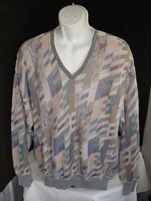 St Croix Shop Pastel Mauve Geo Design Cotton/Poly Blend L/S V Neck Sweater Sz. L - Image 1 of 4