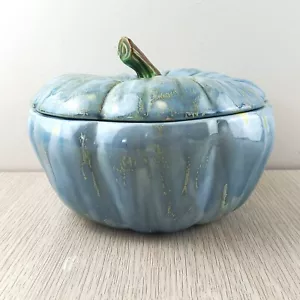 Lidded Tureen Large Pumpkin Shape Unique Glazed Blue Pumpkin Soup Bowl - Picture 1 of 9