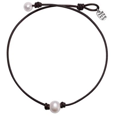Collar gargantilla de perlas de agua dulce cultivadas individuales - cuero negro o marrón genuino Foto 1 de 4