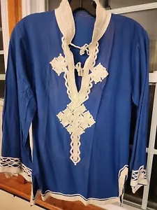 Vintage Blue With White Embroidery Trim Short Moroccan Tunic Top - Picture 1 of 8