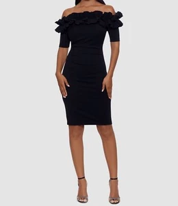 Xscape Women's Black Ruffled Off-The-Shoulder Cocktail Bodycon Dress Size 10 - Picture 1 of 2