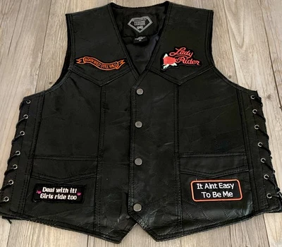 Diamond Plate Women’s Genuine Leather Biker Vest Lady Rider Snap Button Medium - Image 1 of 4