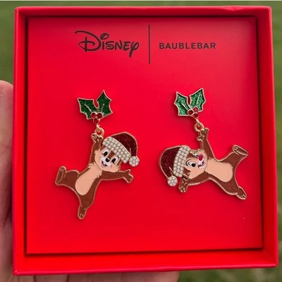 Disney X BaubleBar Chip and Dale Earrings Santa Hat Holly Christmas Holiday NEW! - Image 1 of 4