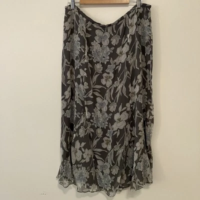 100% Silk Green Floral Long Skirt Plus 18W Fully Lined Back Zipper Elastic Fairy - Image 1 of 4