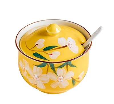 Maceta de condimento de cerámica con flores pintadas a mano azucarero con tapa a... Foto 1 de 4