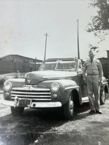 Vintage Photo Man In Military Uniform Standing By Car 3.5x5” Black And White - Picture 1 of 3