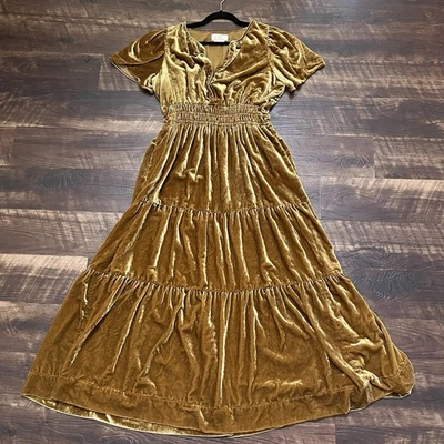 By Anthropologie OB 1443059 Somerset Tiered Maxi Dress In Velvet Gold Tan Large - Image 1 of 4