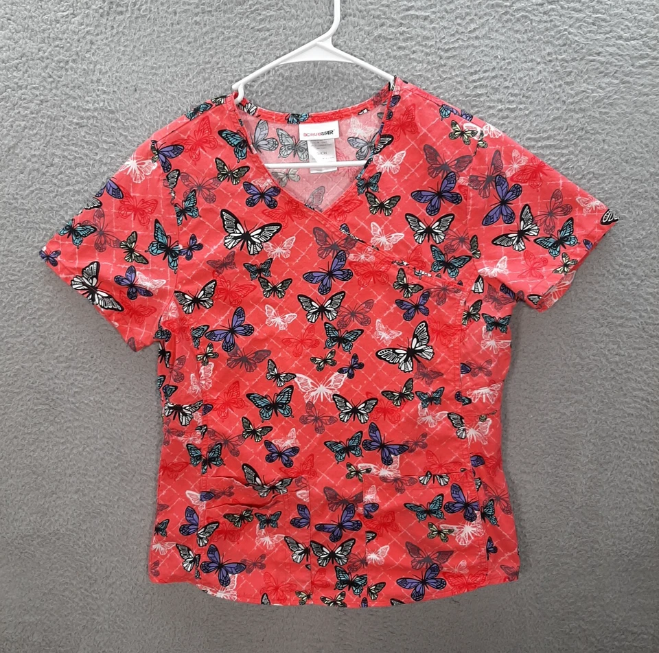 Scrubstar Scrub Top Womens Small Pink Butterfly V Neck Medical Dental Vet Nurse - Image 1 of 4