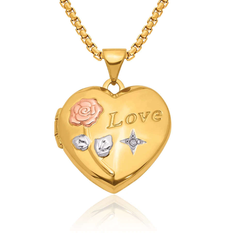 14K Solid Two Tone Gold Rose Love Diamond Heart Photo Locket Necklace - Image 1 of 1