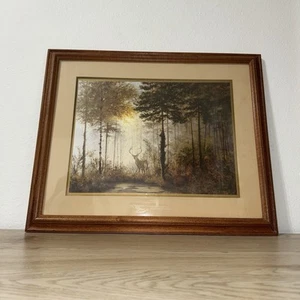 Gerald Coulson Quiet Forest Buck Painting Print Framed Matted Medium Wood Tone - Picture 1 of 12