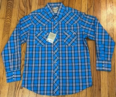 NUEVO CON ETIQUETAS NUEVO Camisa Wrangler Western Azul Púrpura Cuadros Perla A Presión L/S Hombres Grande Foto 1 de 4