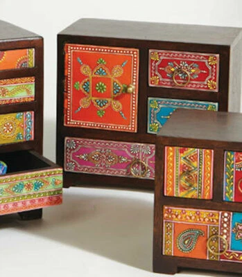 Trinket Jewellery Box Mango Wood Hand Painted Decorative Storage Drawers - Image 1 of 2