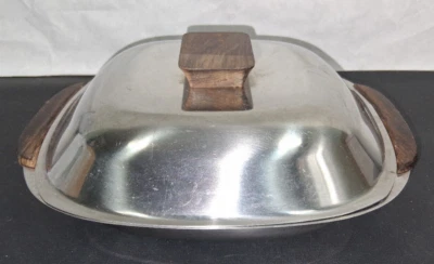 Lundtofte Denmark Danish Stainless Steel Serving Dish Bowl Tray Teak Handle - Image 1 of 4