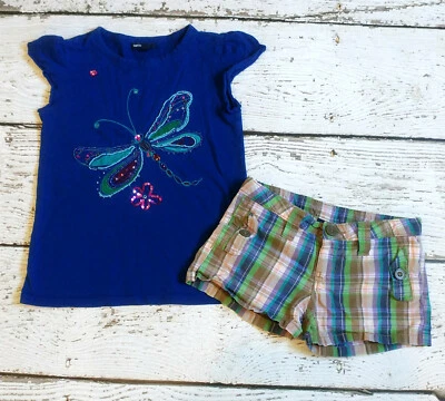 GAP KIDS Girls Blue Butterfly Beaded Sequin Top & Plaid Shorts 8 10  VGUC - Image 1 of 4