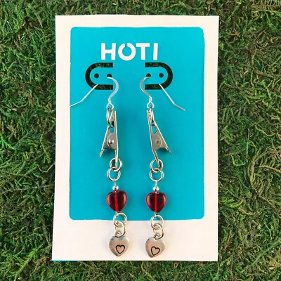 HOTI Hemp Handmade Red Glass Heart Roach Clip It Earrings Metal Charms Hearts - Image 1 of 4