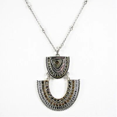 Lucky Brand Two Tone Crystal Pendant Necklace Long Chain Art Deco Statement - Image 1 of 4