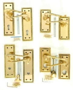 SOLID Polished Brass Georgian Door Handles Lever Lock, Latch, Bathroom, Privacy - Picture 1 of 9