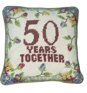 Needlepoint Pillow 50 Years Together Anniversary Floral Velvet Piping - Picture 1 of 4