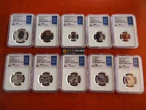 2018 S 10 COIN SILVER REVERSE PROOF NGC PF70 MERCANTI FIRST DAY OF ISSUE SET Cover