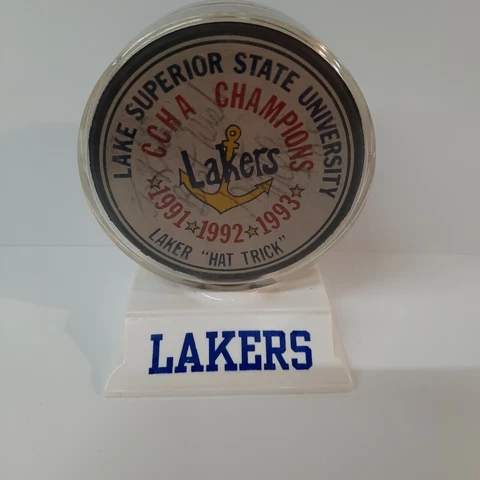 Lake Superior State University CCHA Champs Puck Signed Trophy Hat Trick 91 92 93 Cover