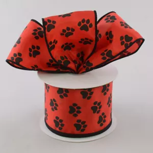 3 Yards Black Paw Prints Dog Cat Pet Paws Red Satin 2.5" Wired Ribbon - Picture 1 of 2
