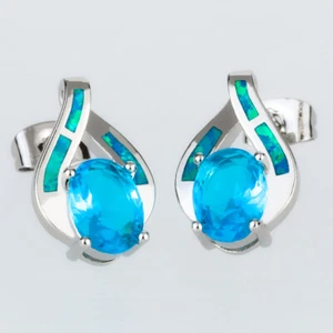 6x8 Oval Simulated Blue Topaz Ocean Blue Fire Opal Silver Jewelry Stud Earrings - Picture 1 of 6